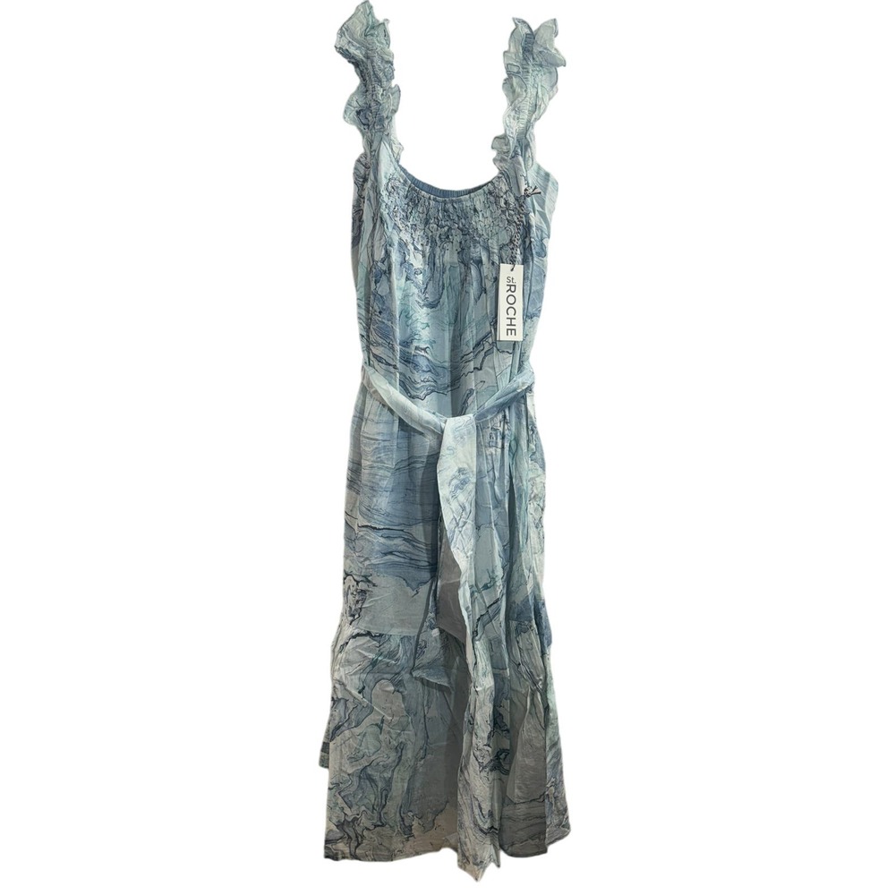 St. Roche NWT Rowena Midi Dress Blue Marble‎ Ruffle Neck Size 4 MSRP $360 - Picture 3 of 7